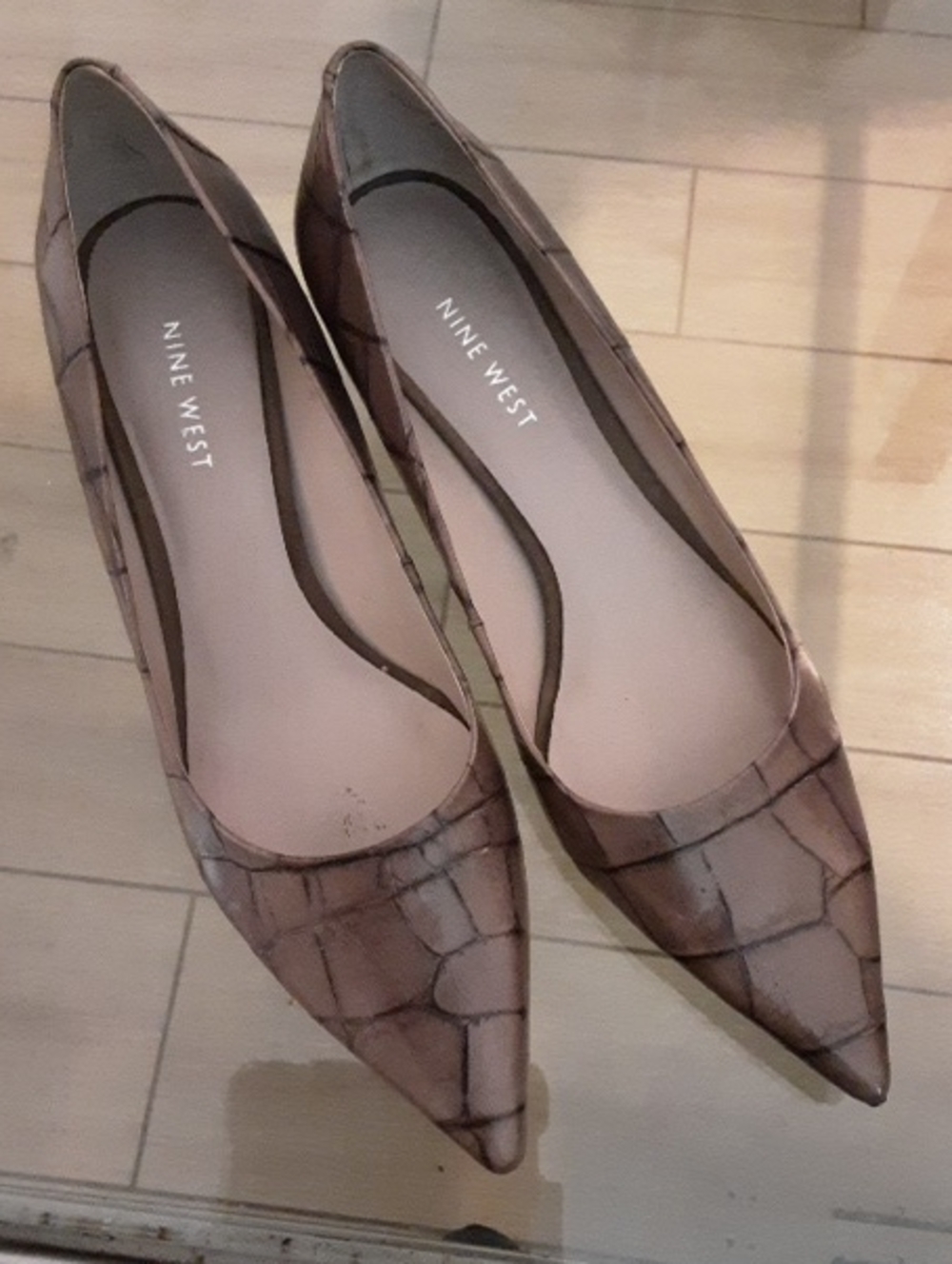 Nine West Taupe Croc-Print Pointed Toe Flats